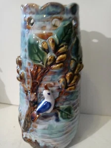 Vintage Rare large Barbotine Majolica Style Vase 12" Bird Leaves Flowers ART - Picture 1 of 12