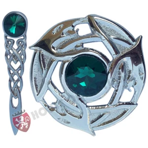 Keltischer Knoten Kilt Pin Chrom/Schottische Kilt Fliege kariert Brosche Flasche grüne Schlange - Bild 1 von 3