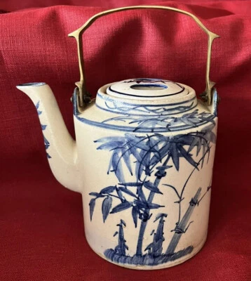 Dirty Dish Tea Kettle Solid Brass Handle Bamboo Handpainted England Antique RARE - Image 1 of 4