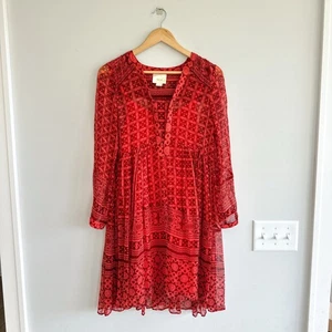 Anthropologie Maeve Canna halbdurchsichtig V-Ausschnitt Mini Swing Kleid rot 0 - Bild 1 von 10