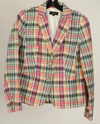 Talbots Blazer Women’s 4 Pink Green Plaid Lined Pockets Striped Long Sleeve Knit - Image 1 of 4