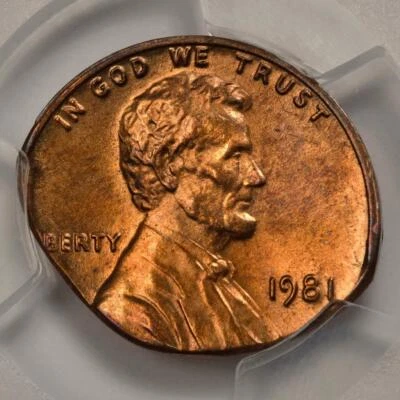 1981 PCGS MS65RB 2.3 Gram Elliptical Football Shape Clip Lincoln Cent Mint Error - Image 1 of 4