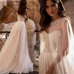Strapless Wedding Pearls Dresses Shawl A Line Train Sleeveless Layered Beaded - Picture 1 of 21