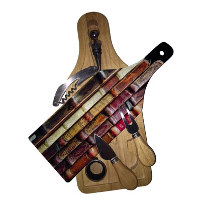 Cutting Board Wine and Glass Cheese Board Gift Set Books Design - Image 1 of 3