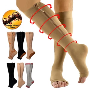 Zippered Medical Compression Socks Support Open Toe Knee Stockings Men Women - Picture 1 of 13