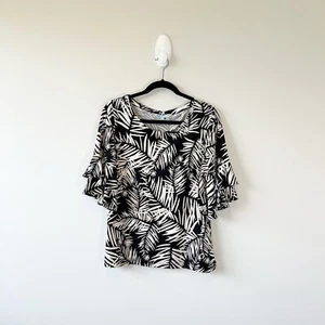 Escapada Living Blouse Palm Print Stretch Knit Ruffle Sleeve Resort Wear Medium - Picture 1 of 7