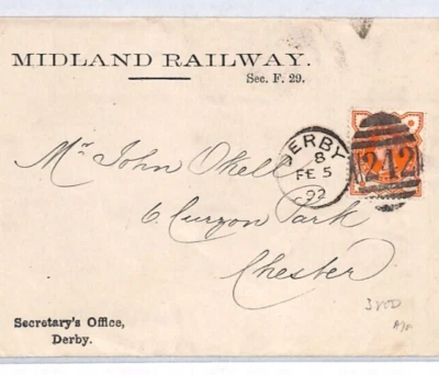 GB MIDLAND RAIL Обложка СЕКРЕТАРСКОГО ОФИСА *Дерби* 1892 Обертка с Отпечатком YD120 - Изображение 1 из 4