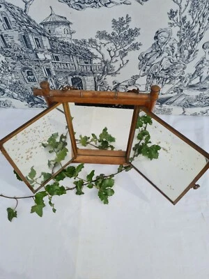 ANCIEN TRIPTYQUE MIROIR DE BARBIER COIFFEUR bambou chinois - Photo 1/4
