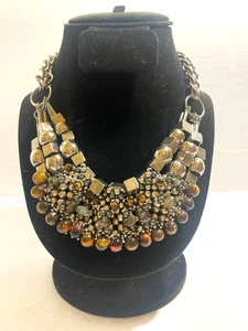 Pam Hiran Designer Statement Silver Tone Tigers Eye Stone Bib Necklace - Picture 1 of 9