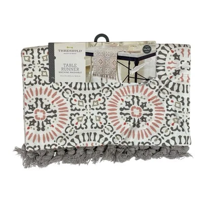 Threshold Table Runner White Gray Pink Geometric Tasseled 14" X 72" Cottagecore - Image 1 of 4