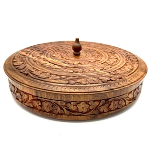 Decorative Pakistani Hand Carved 5 Compartment Lidded Wood Bowl Floral, 11.5" - Picture 1 of 10