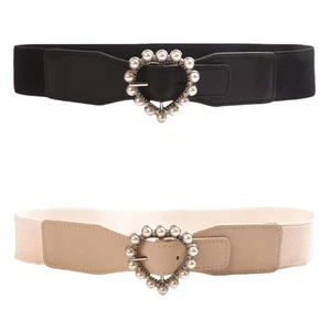 Women Beads Heart Buckle Wide Faux Leather Stretchy Belt Dress Corset Waistband - Picture 1 of 6