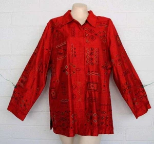 Chico's Design 3 XL 16 18 Cool Red Embroidered Beaded Silk Tunic Top VTG - Picture 1 of 6