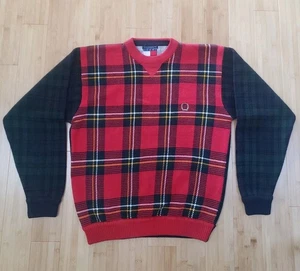 Vintage 90s Tommy Hilfiger Crest Logo Plaid Knit Sweater Tartan Colorblock Mens L - Bild 1 von 16