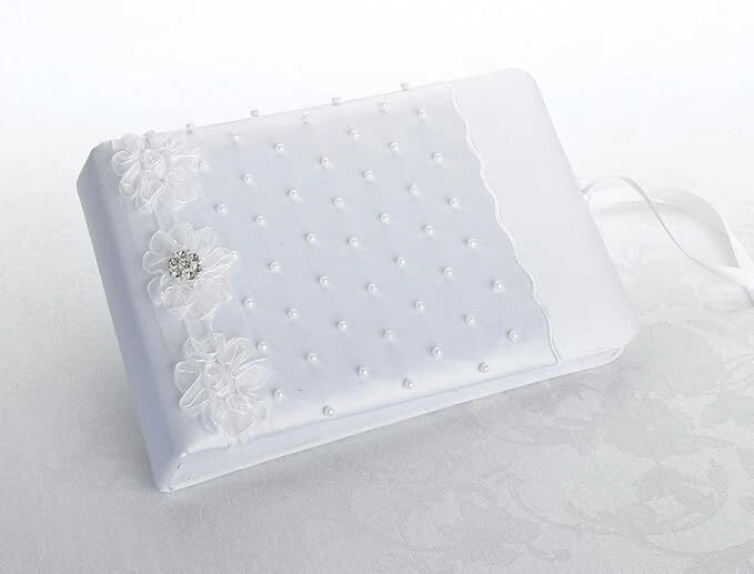 Elegante libro de invitados de boda - blanco satinado - decoración de perlas y diamantes de imitación - cualquier evento Foto 1 de 1
