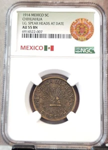 1914 MEXICO 5 CENTAVOS 5C CHIHUAHUA LG SPEAR HEAD NGC AU 55 BN - Picture 1 of 3