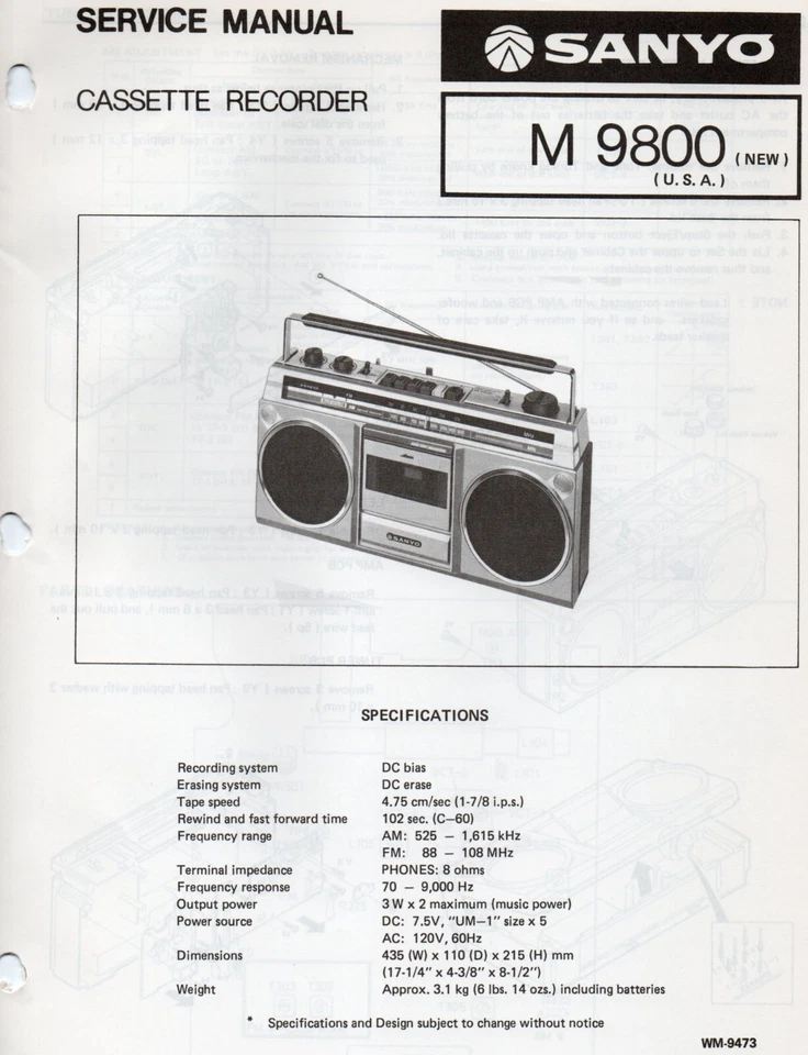 Service Manual for Sanyo M9800 Cassette Recorder AM/FM Radio - Image 1 of 1