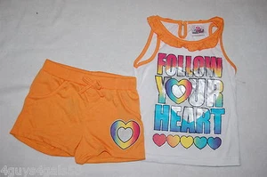 Girls SHORTS & TANK TOP Follow Your Heart BRIGHT ORANGE Ruffled Neck SIZE 4 - Picture 1 of 1