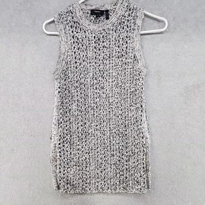 Teory Blanco y Negro Algodón Lino Crochet Tejido Meenaly Túnica Suéter Tanque Pequeño Foto 1 de 4