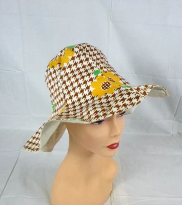 Винтажный 60-х хлопок гибкий ведро шляпа цветок питания желтый маргаритки мод цветочный Hong Kon - Изображение 1 из 4