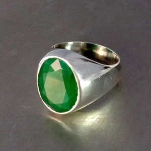 Solid 925 Sterling Silver Natural Emerald Corundum Gemstone Partywear Men's Ring - Picture 1 of 8