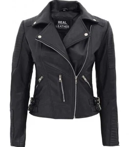 Damen Lederjacke schwarz Moto Slim Fit - echtes Lammleder Bikerjacke - Bild 1 von 4