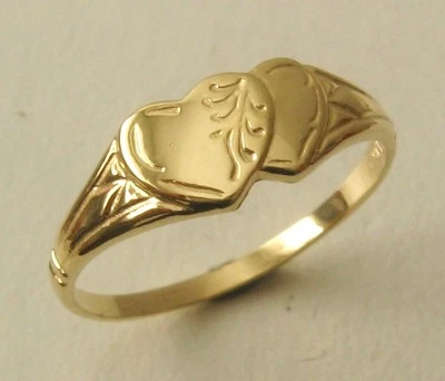 GENUINE SOLID 9K 9ct YELLOW GOLD DOUBLE HEART SIGNET RING Sizes J/5 to Q/8.5   — 第 1/4 张图片