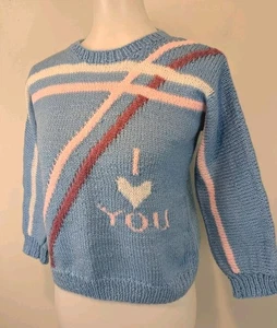 Vtg Handmade Wool Sweater I Love You OOAK Girls Women's XS S Petite Blue Pink - Picture 1 of 12