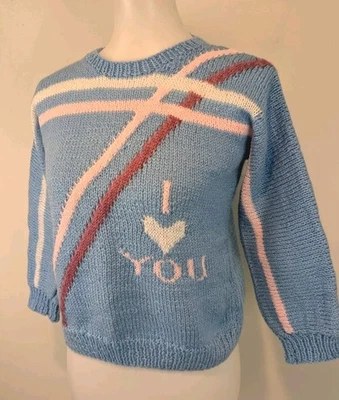 Vtg Handmade Wool Sweater I Love You OOAK Girls Women's XS S Petite Blue Pink  - Image 1 of 4