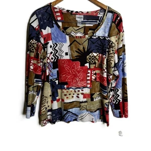Chico's Size 3 XL Cotton Abstract Geometric Print Long Sleeve Top Retro Boho Art - Picture 1 of 11
