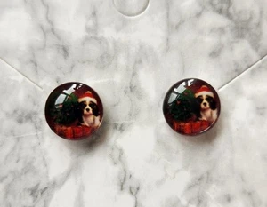 Handmade Christmas Stud Earrings 10mm King Charles Spaniel Santa Hat Cabochon - Picture 1 of 5