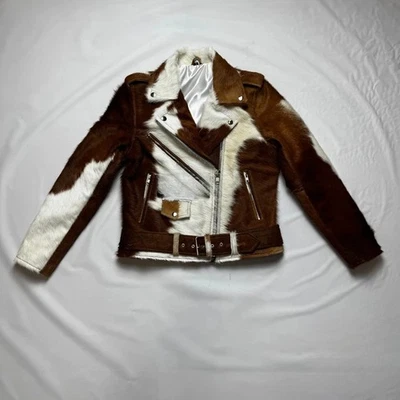 Chaqueta de cuero de vaca real para hombre marrón blanco peinado abrigo vaquero occidental Foto 1 de 4