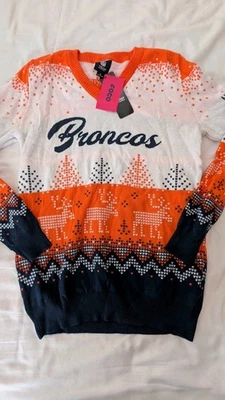 Новый с Ярлыками женская FOCO белый/темно-синий Denver Broncos уродливый v-образным вырезом пуловер свитер размер XL - Изображение 1 из 4