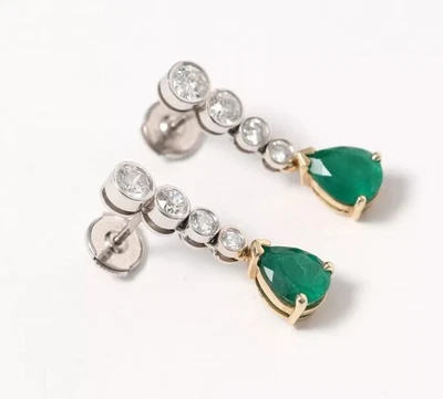 Pretty 14kt Gold Pear Cut Natural Green Emerald & Diamond Earring For Women Gift - Image 1 of 4