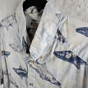 Columbia Shirt Mens Medium White Blue Button Up Fish Print Casual - Picture 1 of 11
