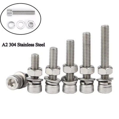 M3 M4 Zylinderschraube mit Sechskant Mutter & Unterlegscheiben Edelstahl A2 - Bild 1 von 4