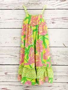 Lilly Pulitzer Girls Size 4 Shift Dress Sleeveless Flamingo Floral Ruffle Smock - Picture 1 of 10
