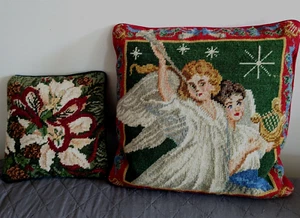Vintage Two Christmas Pillow needlepoint wool Angel tapestry & floral 9x9" 13x13 - Picture 1 of 4