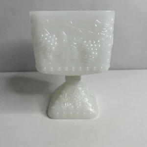 1950s White Milk Glass Harvest Grape & Leaf Square Pedestal Bowl Vase Planter - Picture 1 of 6