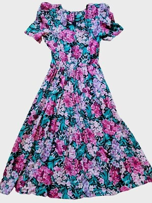 Vintage Miss Oops Cottage Core Floral Black Buttons Short SLV Cotton Dress sz 10 - Image 1 of 4