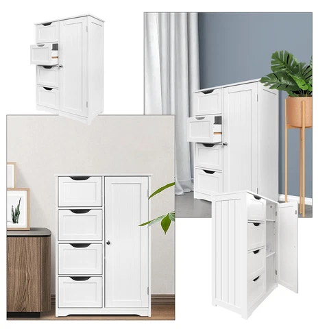 4 Drawers Bathroom Floor Cabinet Wood Free Standing Storage Organizer Shelves US Cover