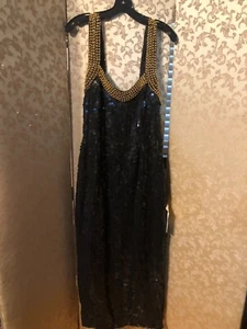 Vestido Largo Morningside Vintage Negro Dorado Lentejuelas Cuentas Talla Grande L - Imagen 1 de 12