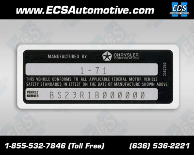 Chrysler VIN 1971 calcomanía de puerta pegatina VIN y fecha impresa laminada de fábrica ¡EXACTA! Foto 1 de 2