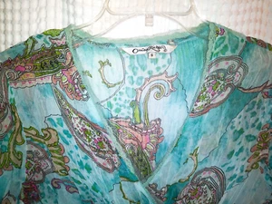 Claudia Richard Aqua Paisley Stretchy Sheer Lace V-Neck Crepe Top Size Small - Picture 1 of 2