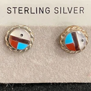 Zuni Earrings Sterling Silver Native American Small Posts Multi-Stone Inlay - Picture 1 of 3