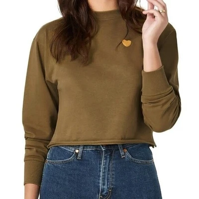 Fred Segal Wrangler Sudadera Recortada Bordada Corazón Amor Verde Oliva Nueva M Foto 1 de 4