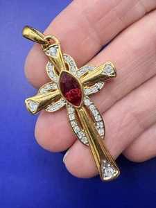 Vintage Camrose & Kross JBK Ruby Red & Clear Crystal Cross Pendant - Picture 1 of 6