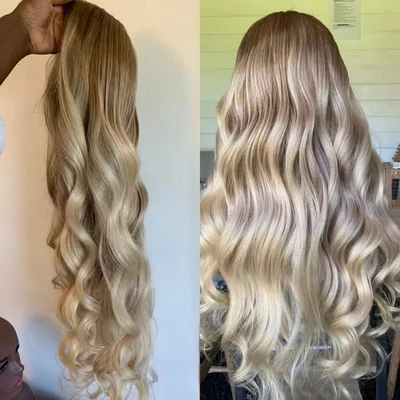 Pelucas delanteras de encaje completo 100 % cabello humano con reflejos rubio ceniza Balayage Ombre Foto 1 de 4