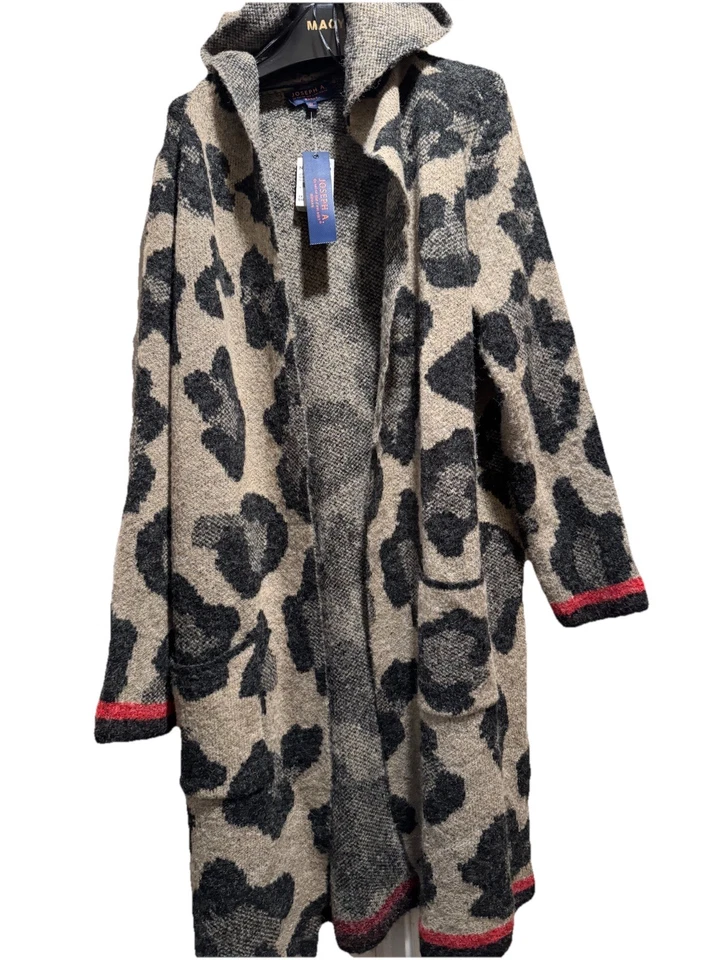 JOSEPH A Woman Cardigan HOODED Open Front LEOPARD PRINT KNIT WHITE/GREY MIDI, 1X - Image 1 of 4