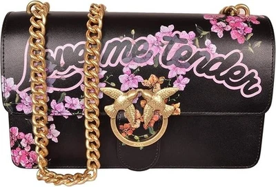PINKO - Bolso de hombro Love ME de cuero negro con flores tiernas Foto 1 de 4